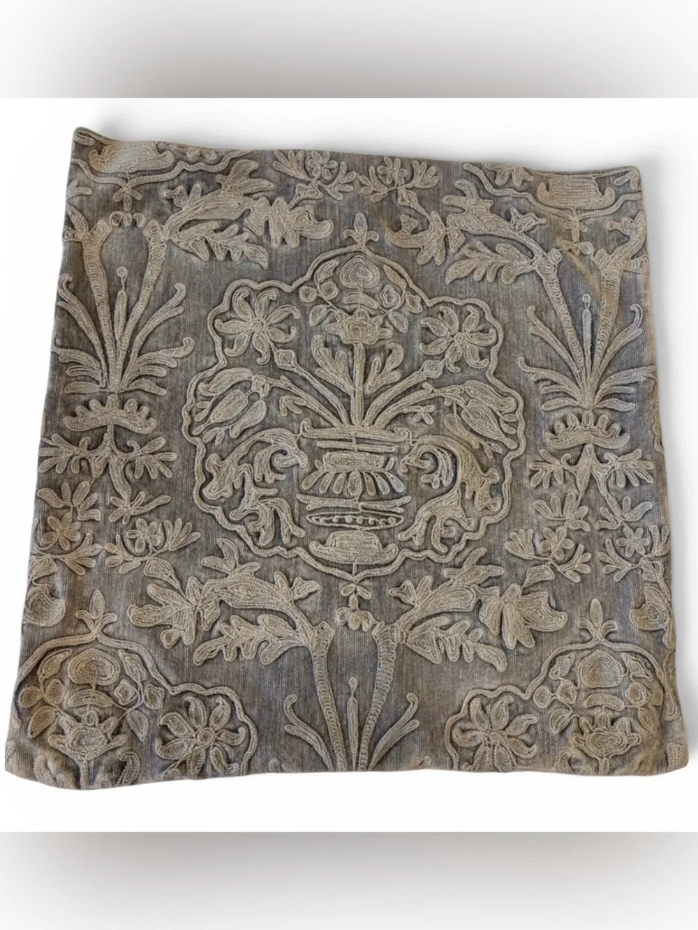 Pottery Barn Embroidered Damask Gray Euro Pillow Sham 22